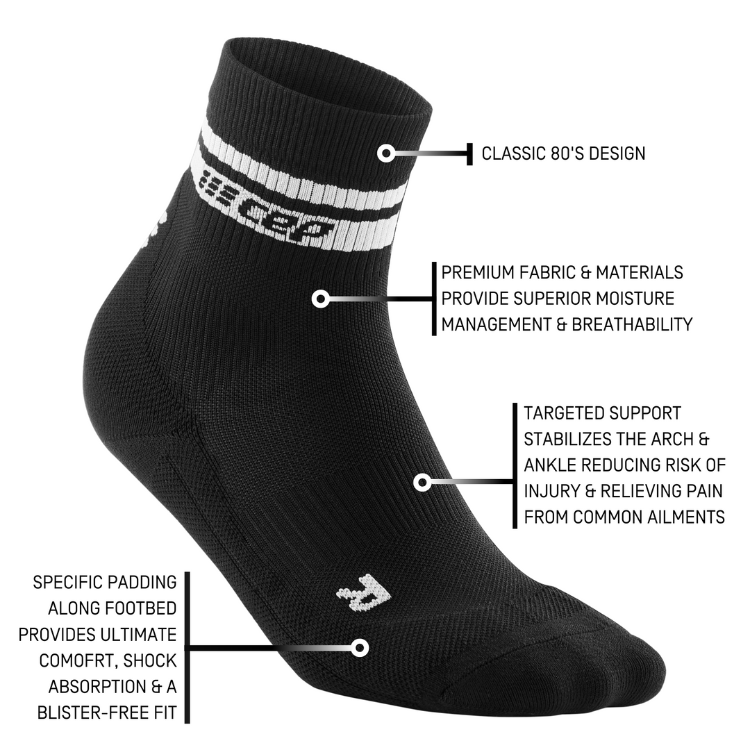 80's Mid Cut Compression Socks, Men, Black/White Stripe, Details