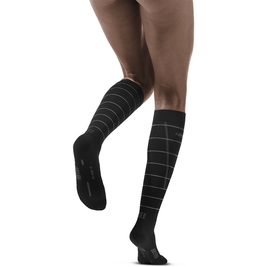 Reflective Tall Compression Socks, Women, Black/Silver, Back View Model