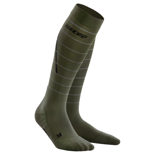 Reflective Tall Compression Socks, Women, Dark Green/Silver, Front View