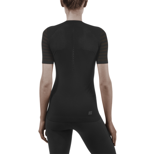 Camisa ultraleve de manga curta, feminina, preta, modelo com vista traseira
