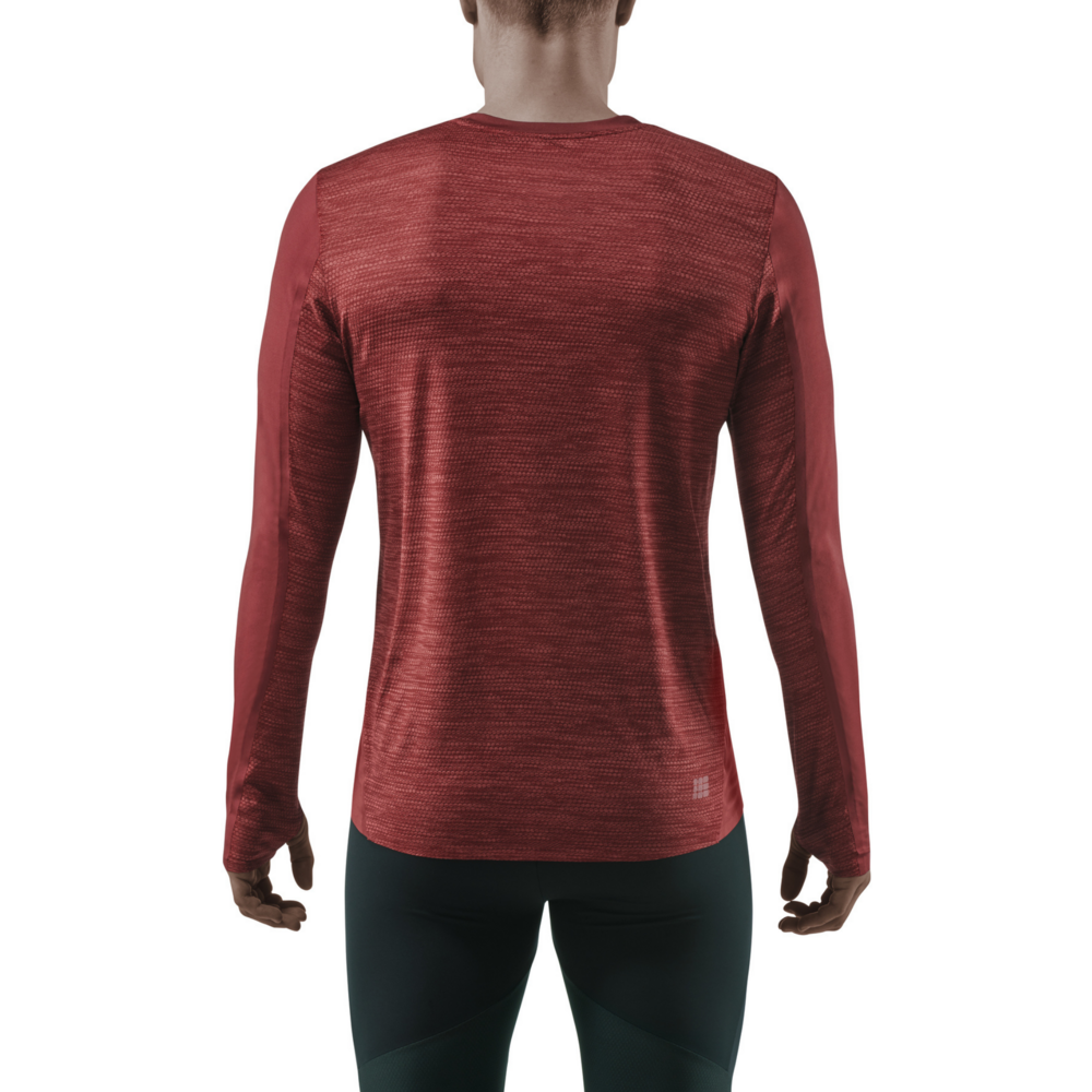Camisa run manga longa, masculina, vermelho escuro, modelo com vista traseira