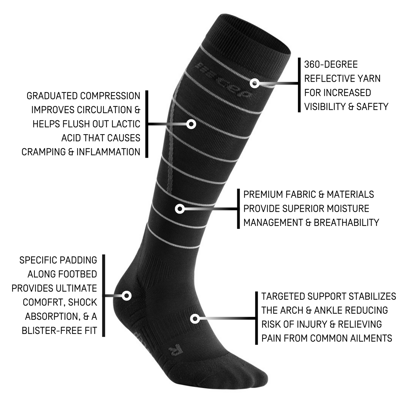 Reflective Tall Compression Socks, Women, Black/Silver, Detail