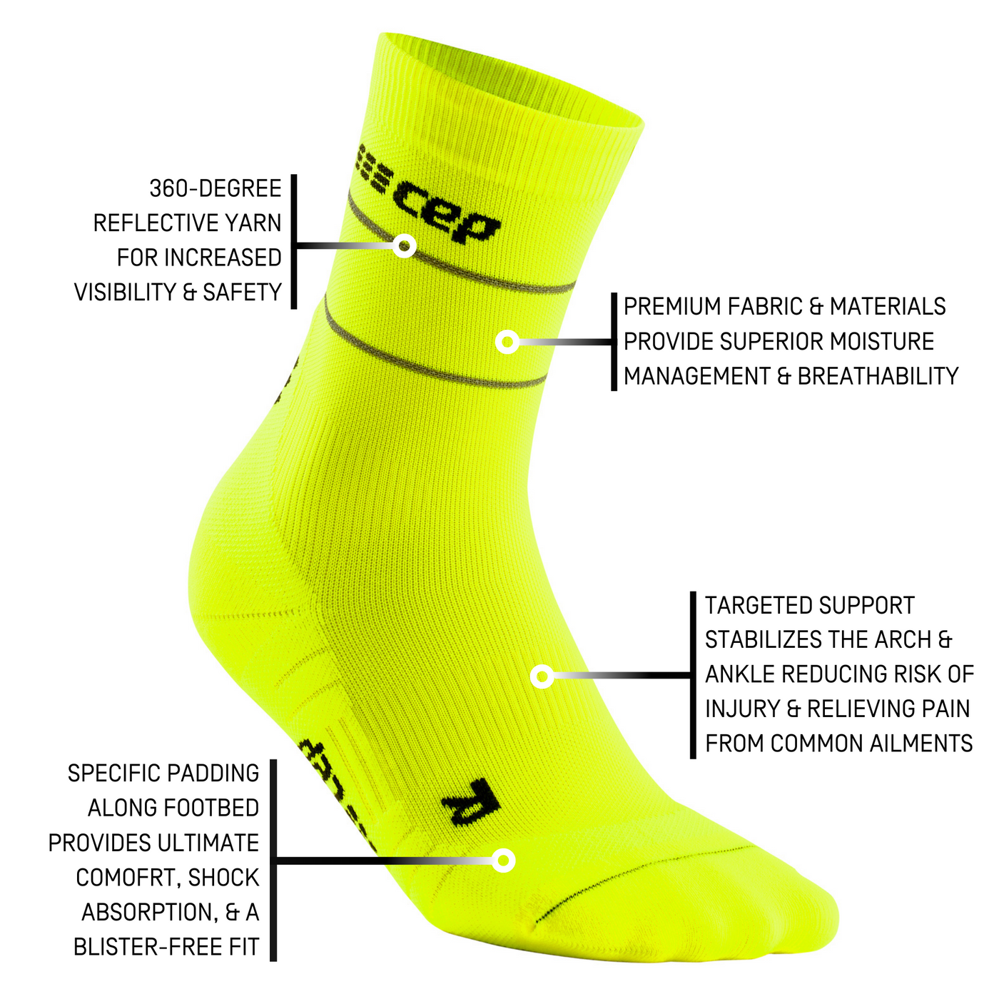 Reflective Mid Cut Compression Socks, Women, Neon Yellow/Silver, Detail