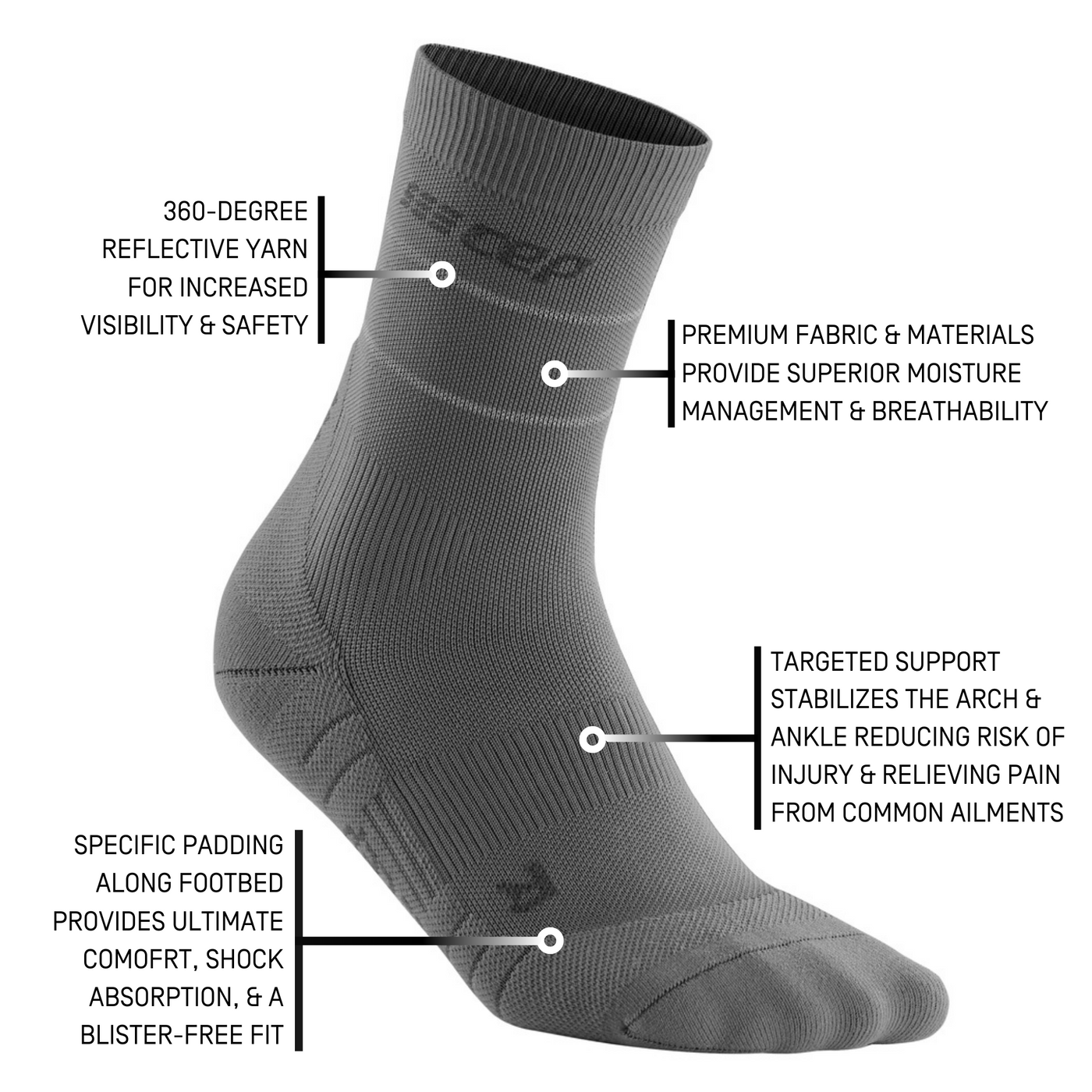 Reflective Mid Cut Compression Socks, Women, Grey/Silver, Detail