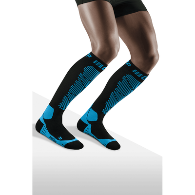Ski Merino Tall Compression Socks, Men, Black/Blue, Front View Model