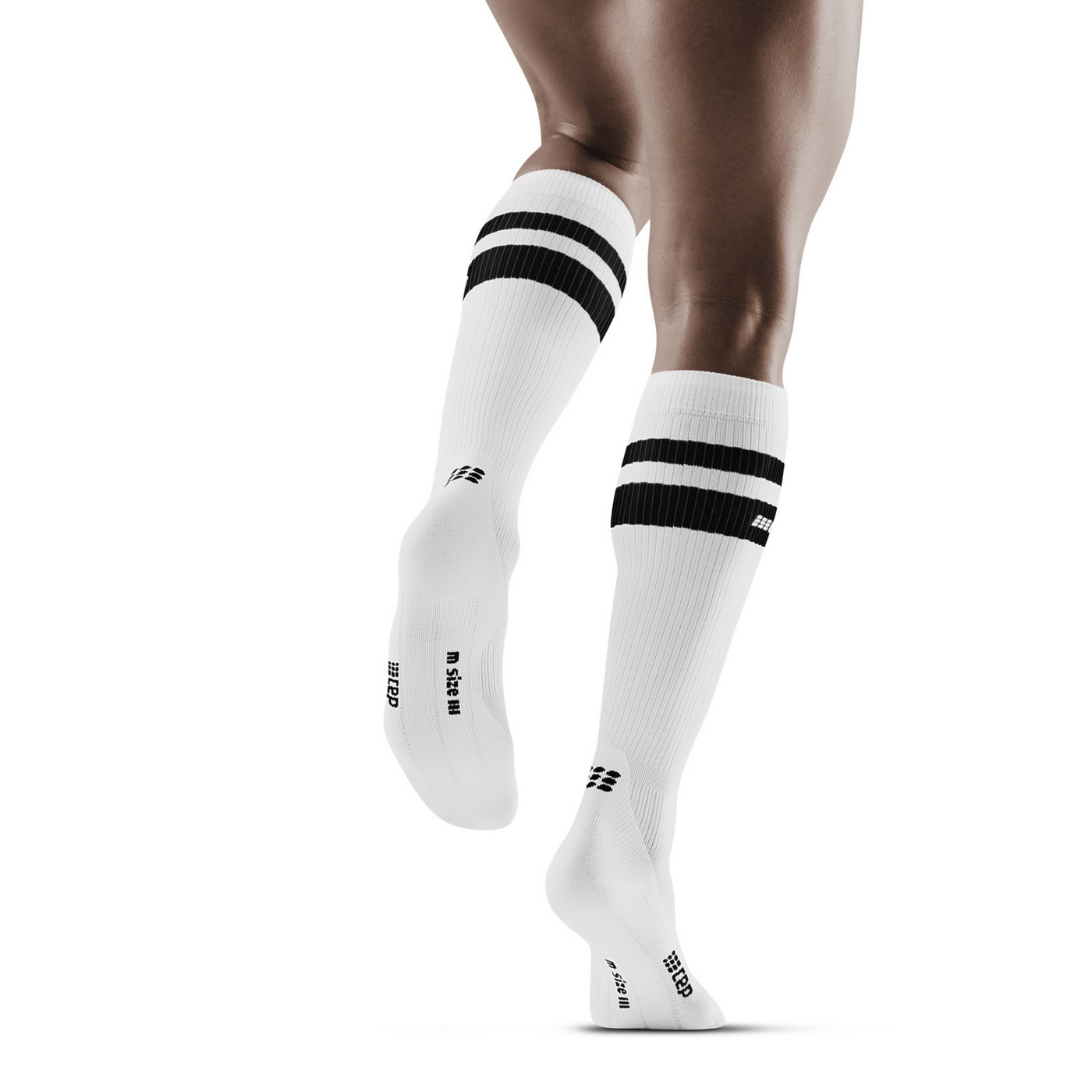 80's Tall Compression Socks, Men, White/Black Stripe, Back View Model