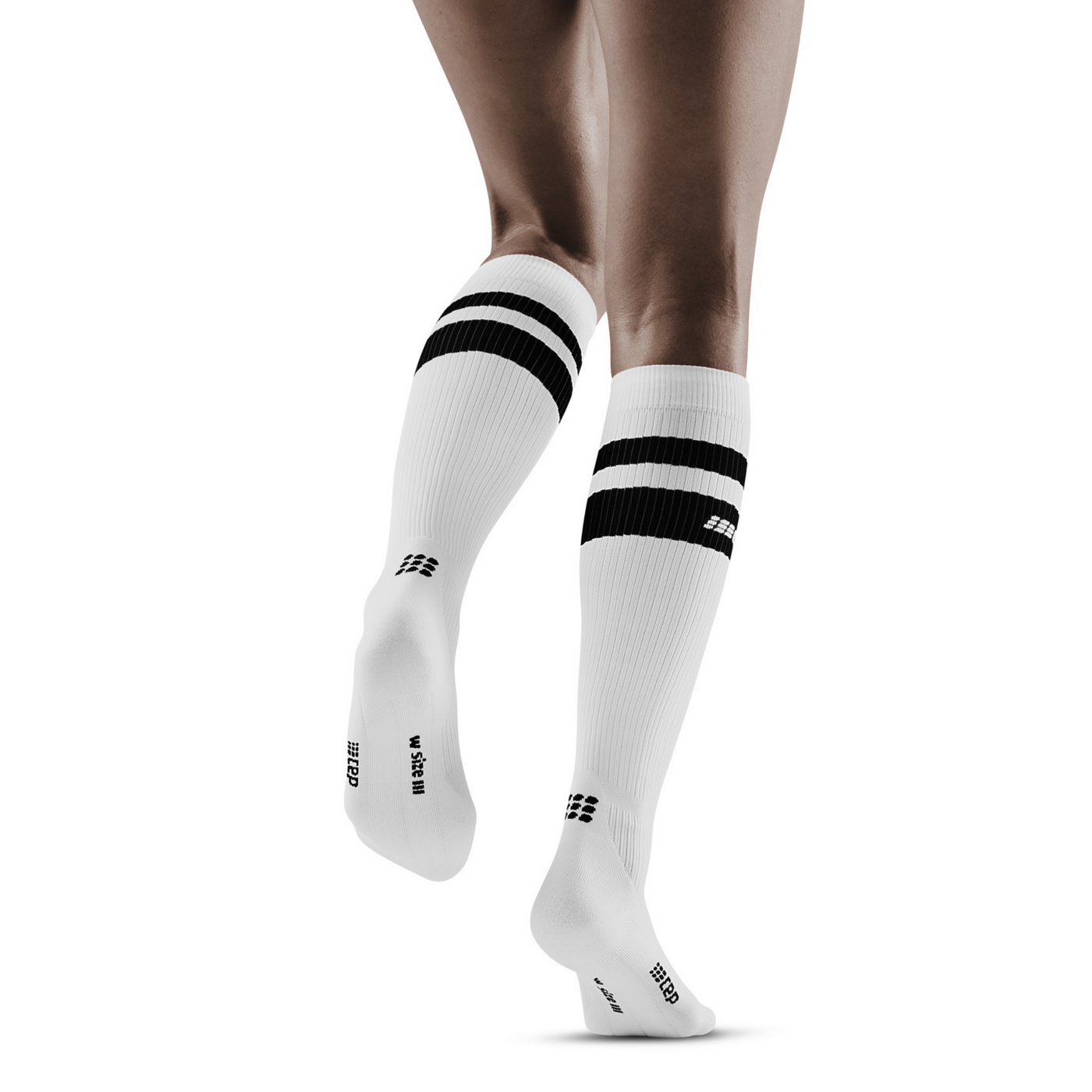 80's Tall Compression Socks, Women, White/Black Stripe, Back View Model