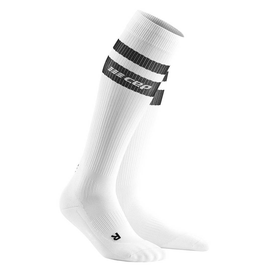 calcetines de compresión altos de los años 80, mujer, rayas blancas/negras, vista frontal
