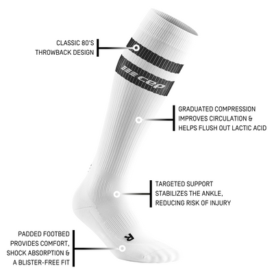 80's Tall Compression Socks, Men, White/Black Stripe, Details