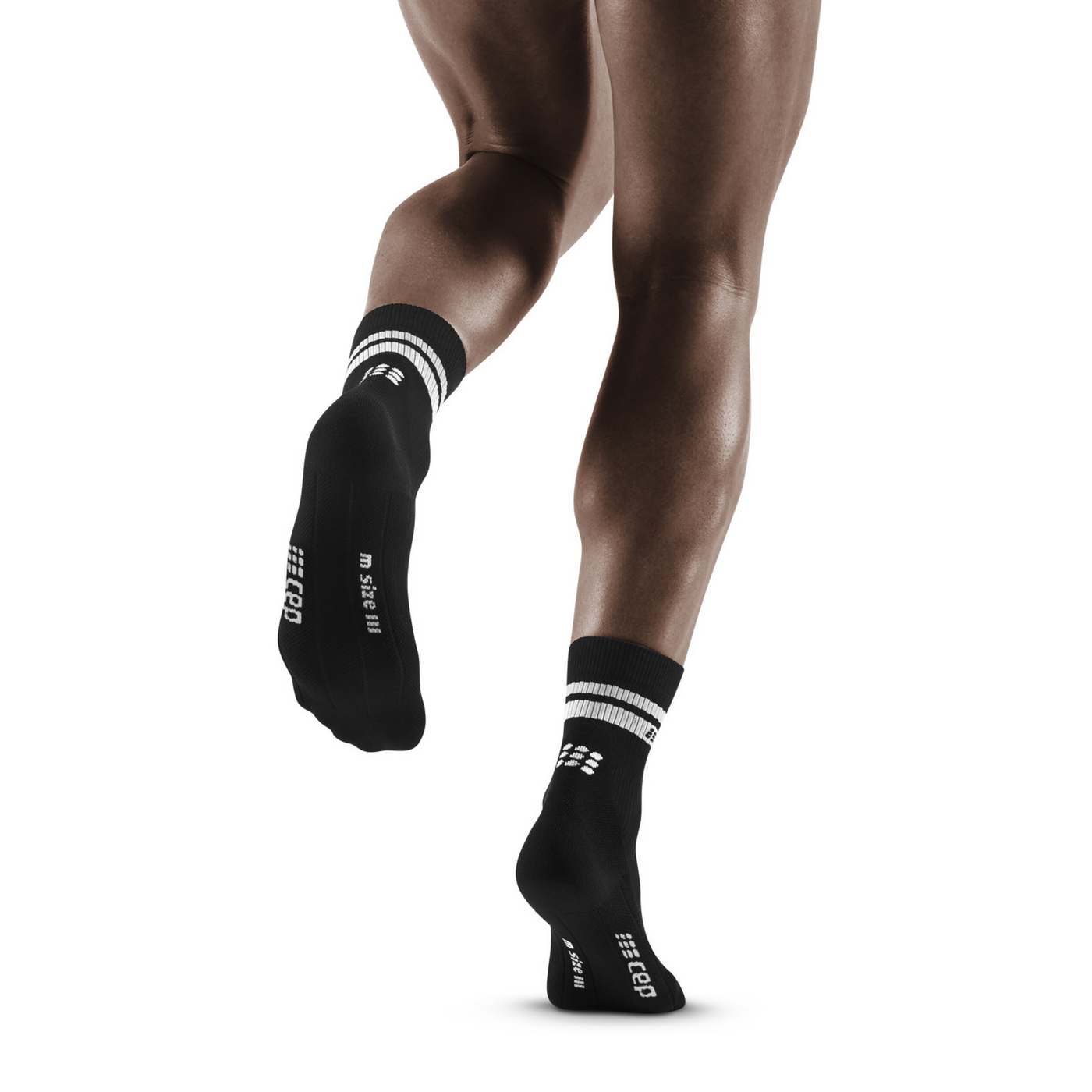 80's Mid Cut Compression Socks, Men, Black/White Stripe, Back View Model