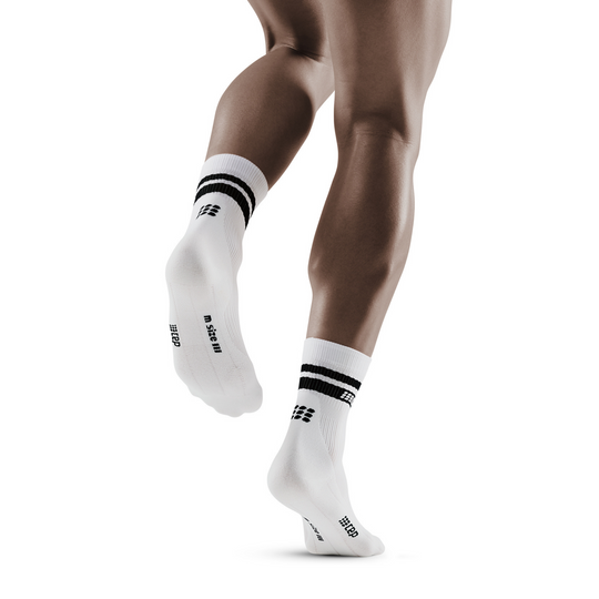 calcetines de compresión de corte medio años 80, hombre, rayas blancas/negras, modelo de vista posterior