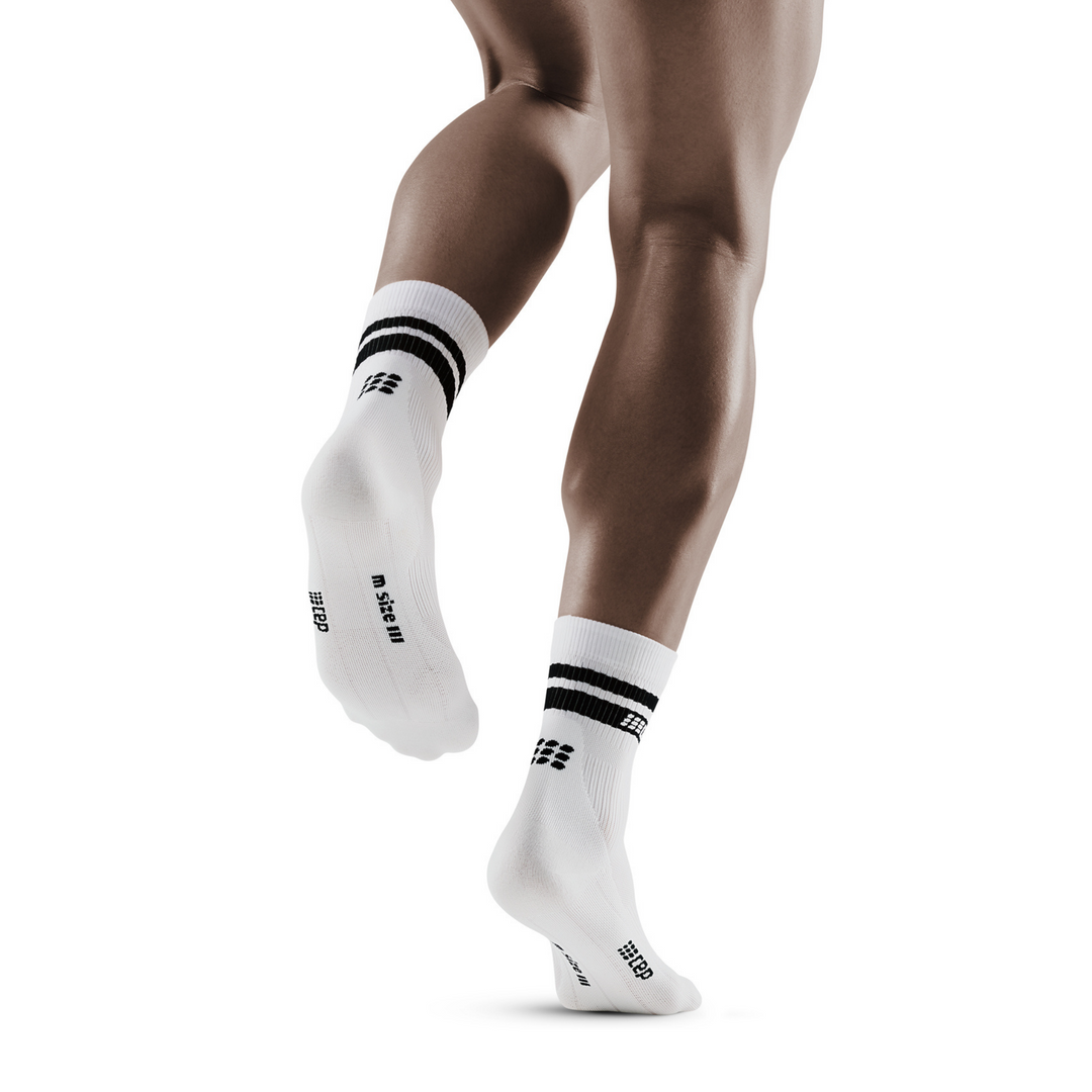 meias de compressão de corte médio dos anos 80, masculinas, listras brancas/pretas, modelo com vista traseira