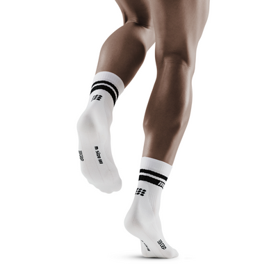 80's Mid Cut Compression Socks, Men, White/Black Stripe, Back View Model