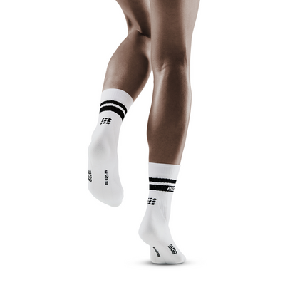 80's Mid Cut Compression Socks, Women, White/Black Stripe, Back View Model