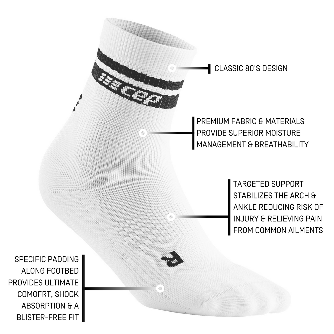 80's Mid Cut Compression Socks, Women, White/Black Stripe, Details