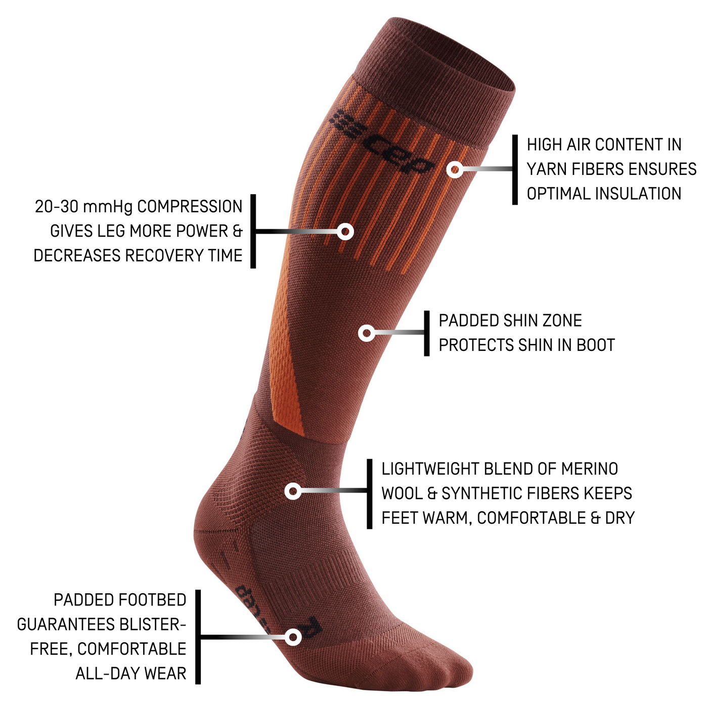 Ski Touring Tall Compression Socks, Men, Dark Orange, Detail