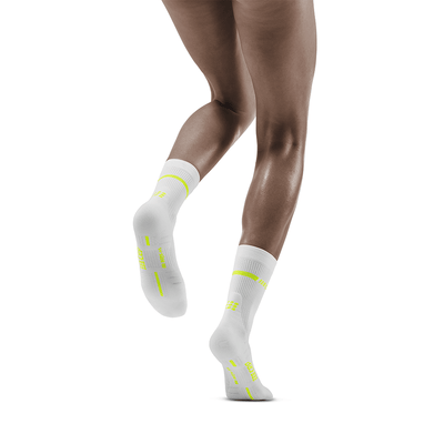 Neon Mid Cut Compression Socks, Women, White/Neon Yellow, Back View Model