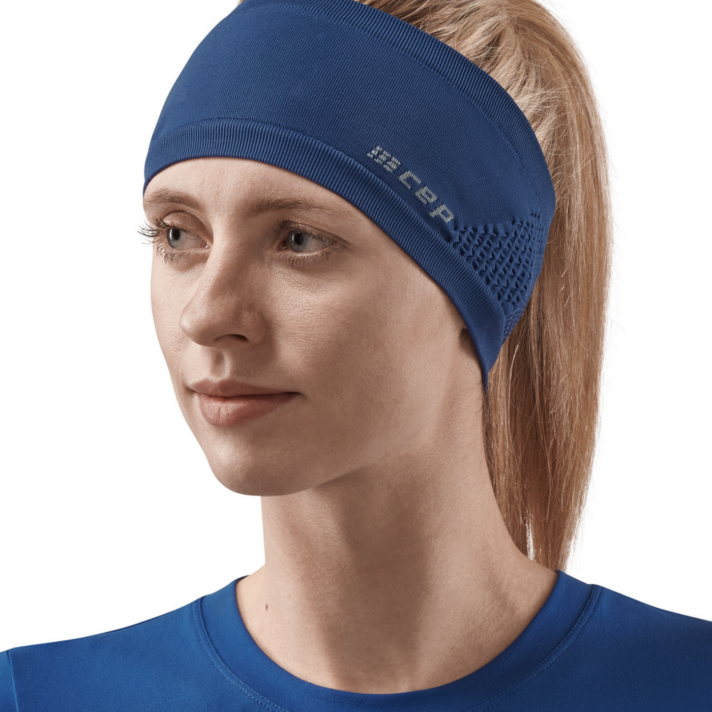 Cold Weather Headband, Blue, Front View Female Model