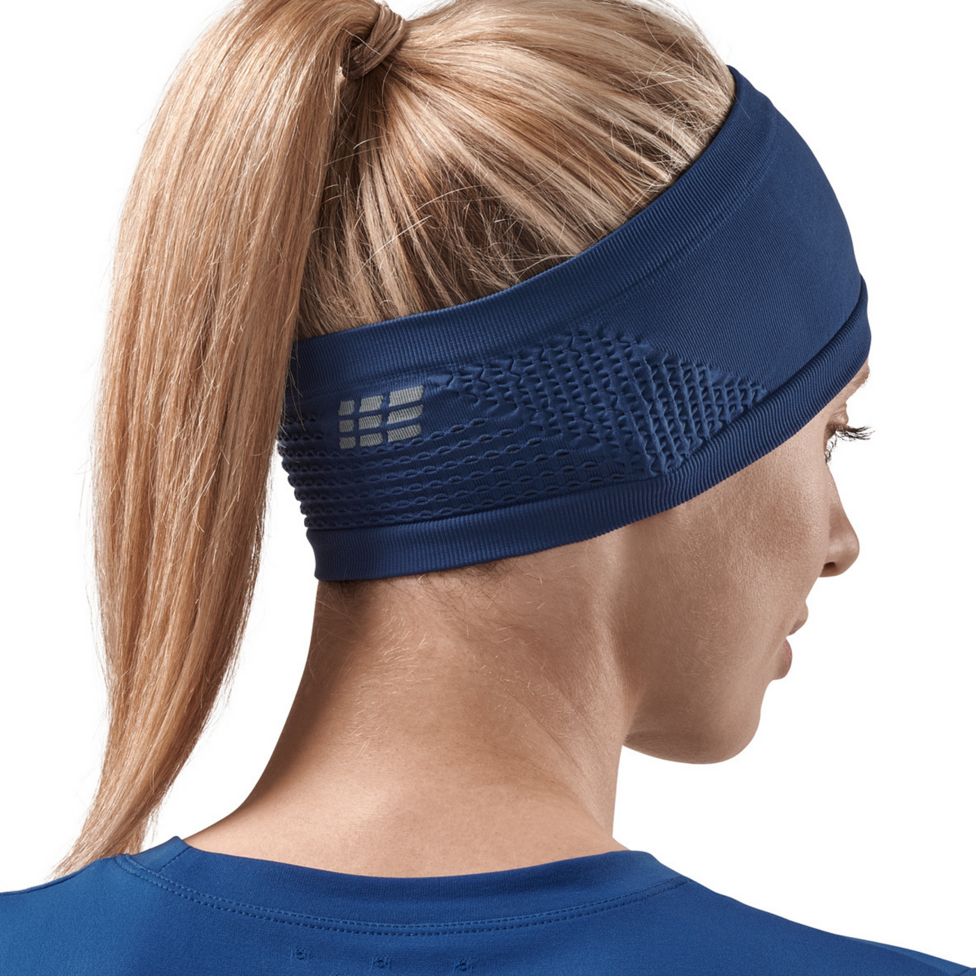 Cold Weather Headband, Blue, Back View Female Model