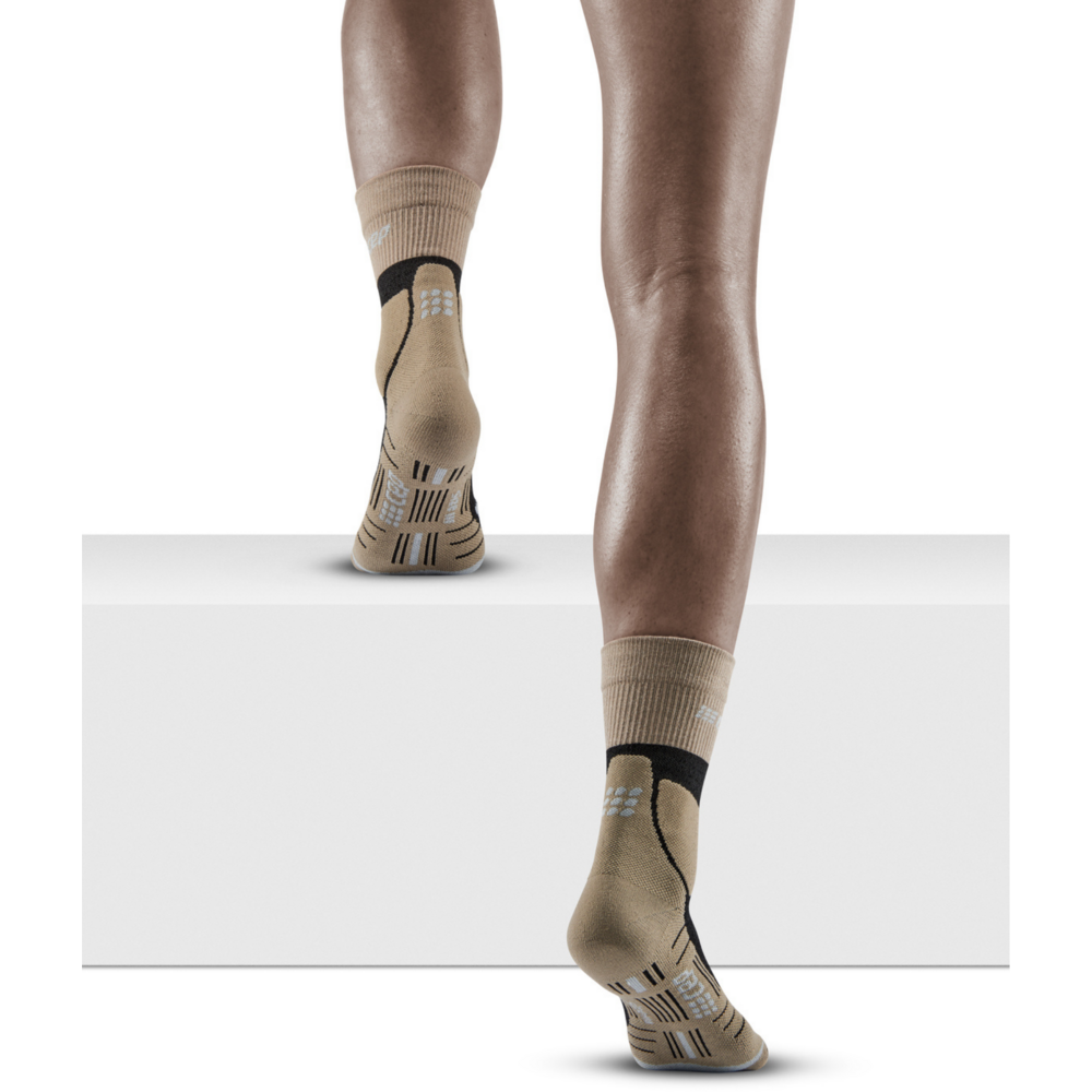Hiking Merino Mid Cut Compression Socks, Women, Sand/Grey, Back View Model