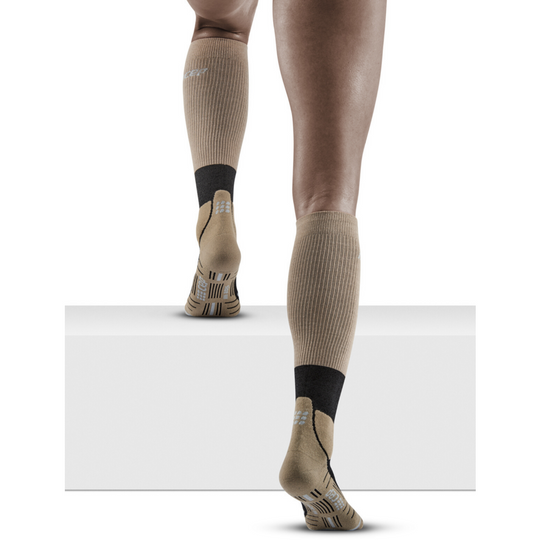Hiking Merino Tall Compression Socks, Men, Sand/Grey, Back View Model
