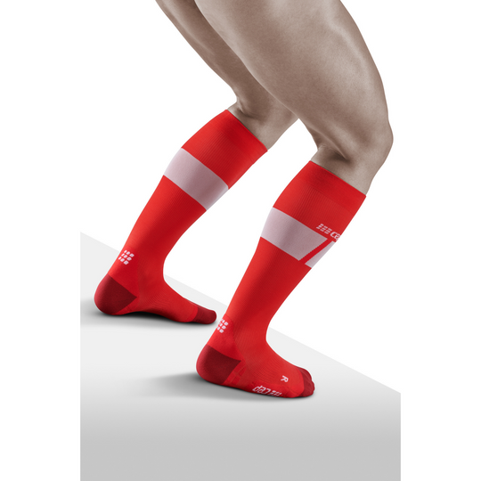 Εξαιρετικά ελαφριές κάλτσες συμπίεσης σκι, ανδρικές, κόκκινο/λευκό, μοντέλο οπίσθιας όψης