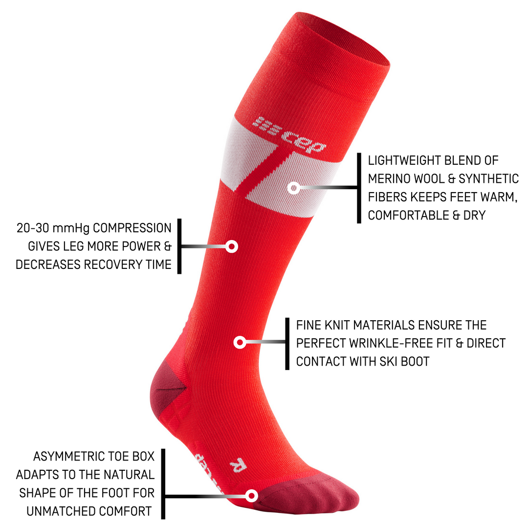 Κάλτσες Σκι Υπέρελαφρες Ψηλές Συμπίεσης, Γυναικείες, Κόκκινο/Λευκό, Λεπτομέρεια