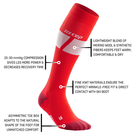 Calcetines de compresión ski ultralight tall, hombre, rojo/blanco, detalle