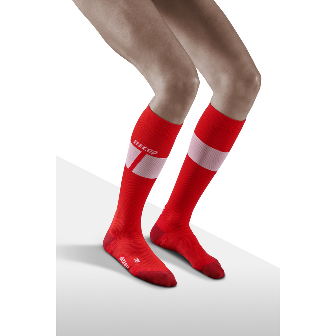 Εξαιρετικά Ελαφριές Ψηλές Κάλτσες Συμπίεσης Σκι, Γυναικείες, Κόκκινο/Λευκό, Μοντέλο Μπροστινής Όψης