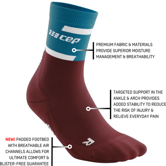 The run calcetines de compresión media caña 4.0, mujer, petróleo/rojo oscuro, detalle