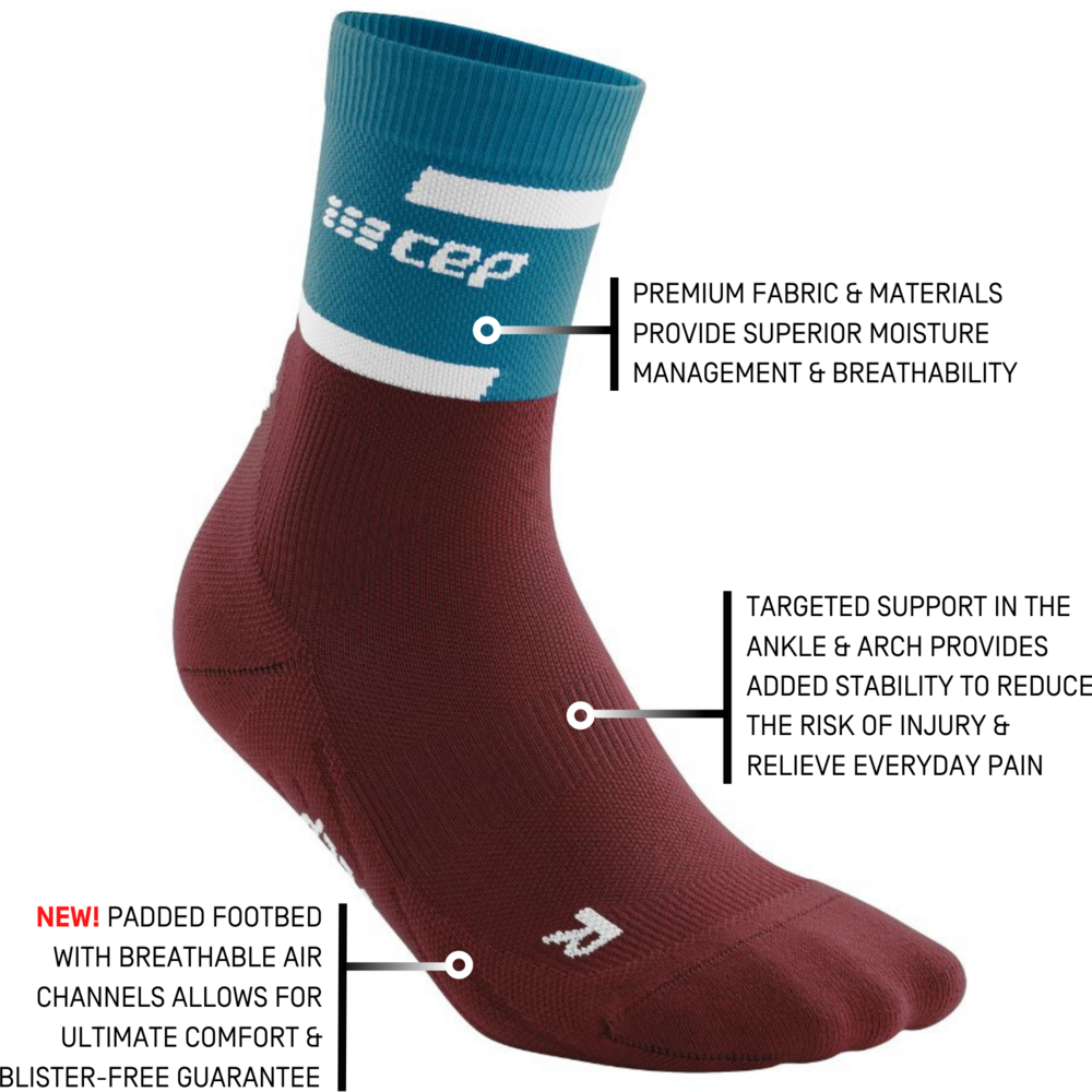 The run calcetines de compresión media caña 4.0, hombre, petróleo/rojo oscuro, detalle