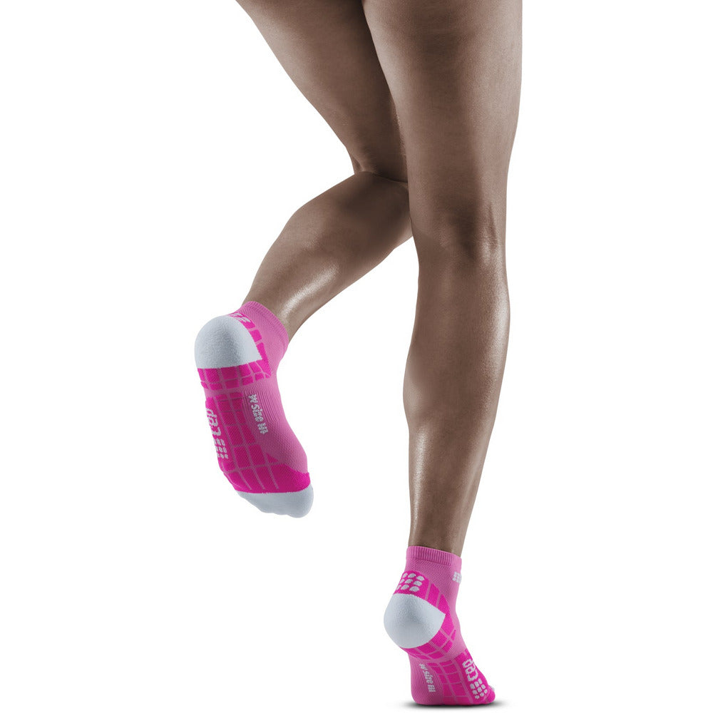 Meias de compressão ultraleves de corte baixo, mulheres, rosa elétrico/cinza claro, modelo com vista traseira