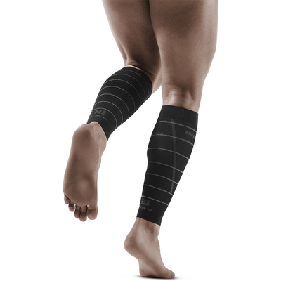 Reflective Compression Calf Sleeves, Men, Black/Silver, Back View Model