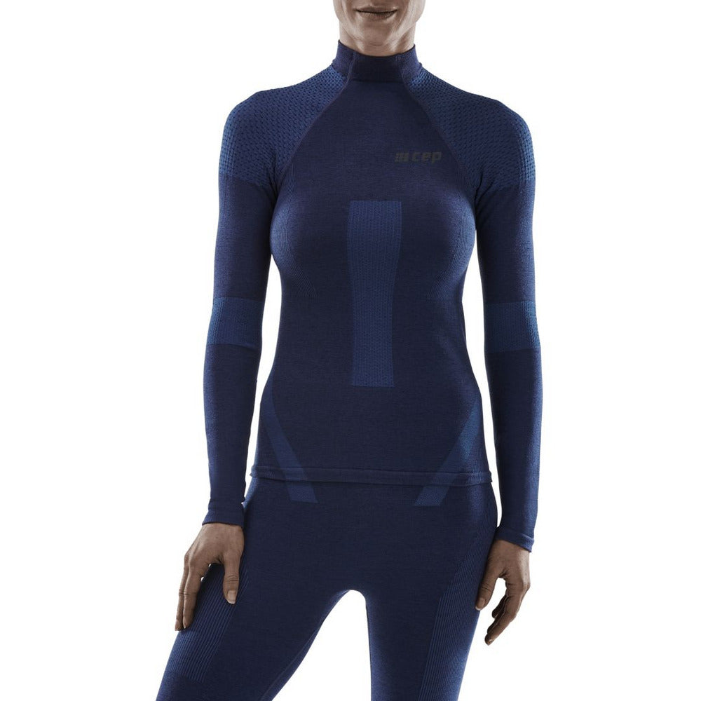 Camisa base ski touring, manga longa, feminina, azul - modelo vista frontal
