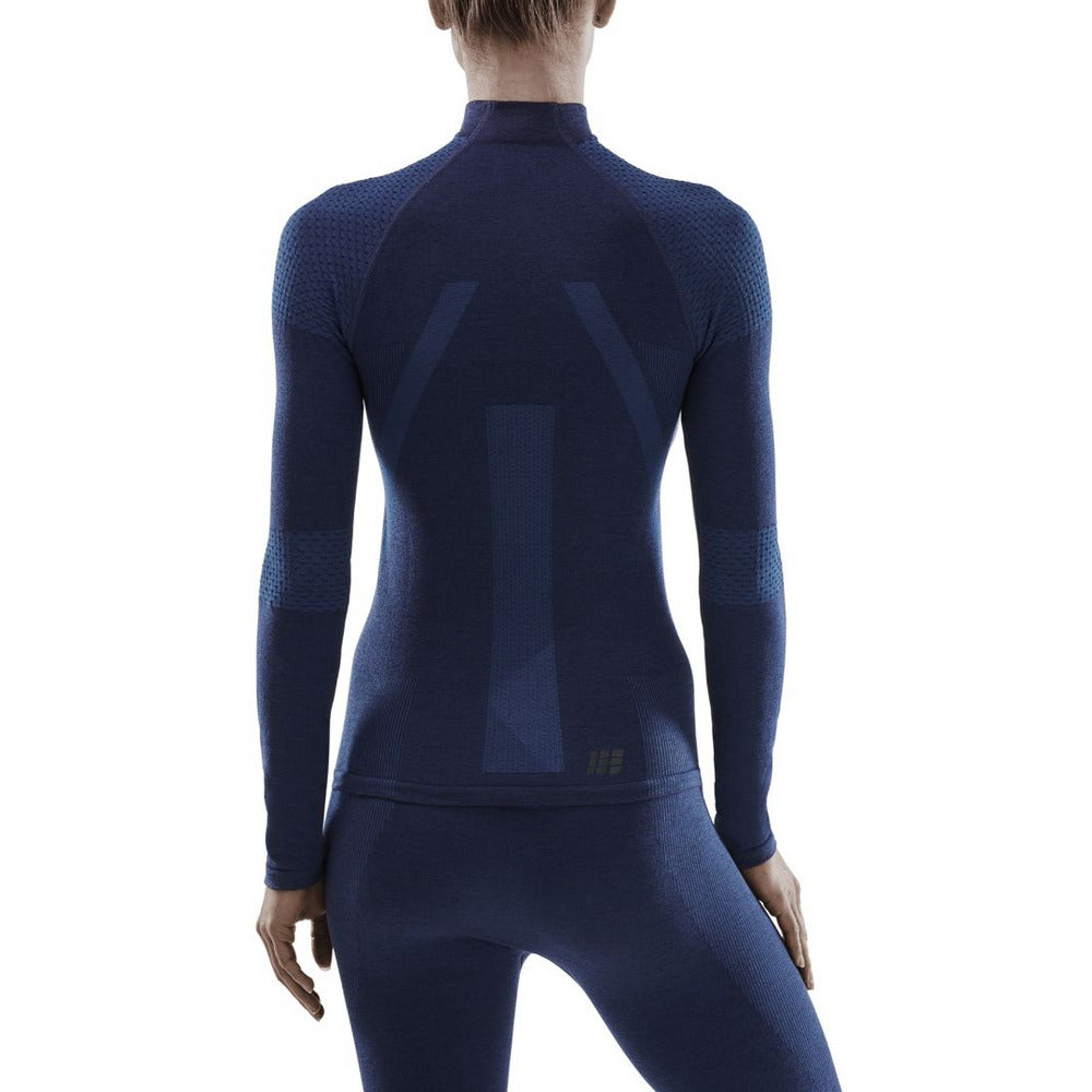 Camisa base ski touring, manga longa, feminina, azul - modelo com vista traseira
