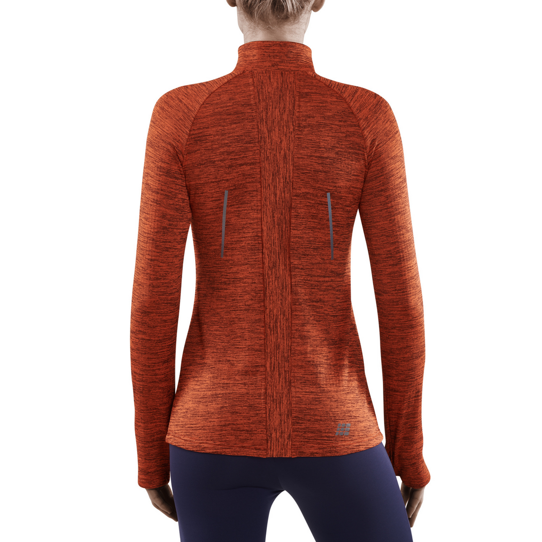 Jersey Winter Run con cremallera corta, mujer, naranja oscuro melange, modelo vista desde atrás