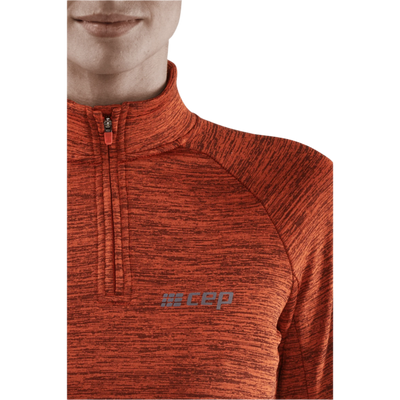 Winter Run Quarter Zip Pullover, Women, Dark Orange Melange, Logo Detail
