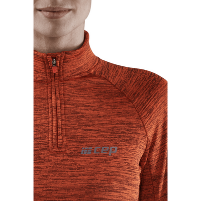Winter Run Quarter Zip Pullover, Women, Dark Orange Melange, Logo Detail