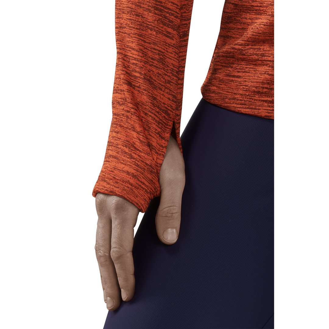 Winter Run Quarter Zip Pullover, Women, Dark Orange Melange, Sleeve Detail