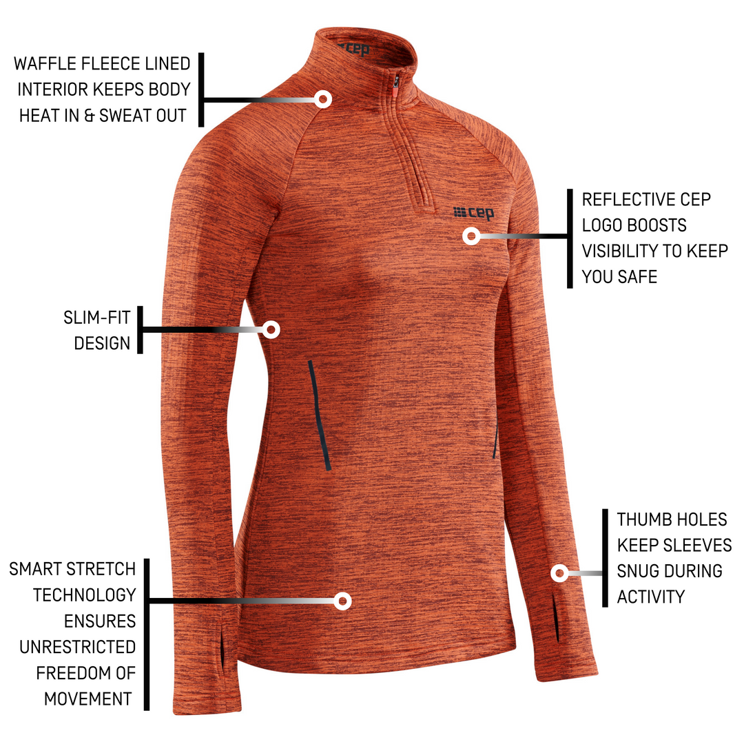 Winter Run Quarter Zip Pullover, Women, Dark Orange Melange, Detail