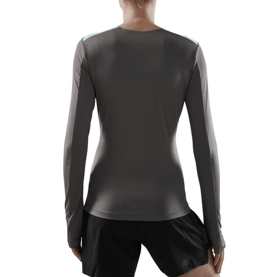 Camisa Chevron manga longa, feminina, oceano/cinza, modelo vista traseira