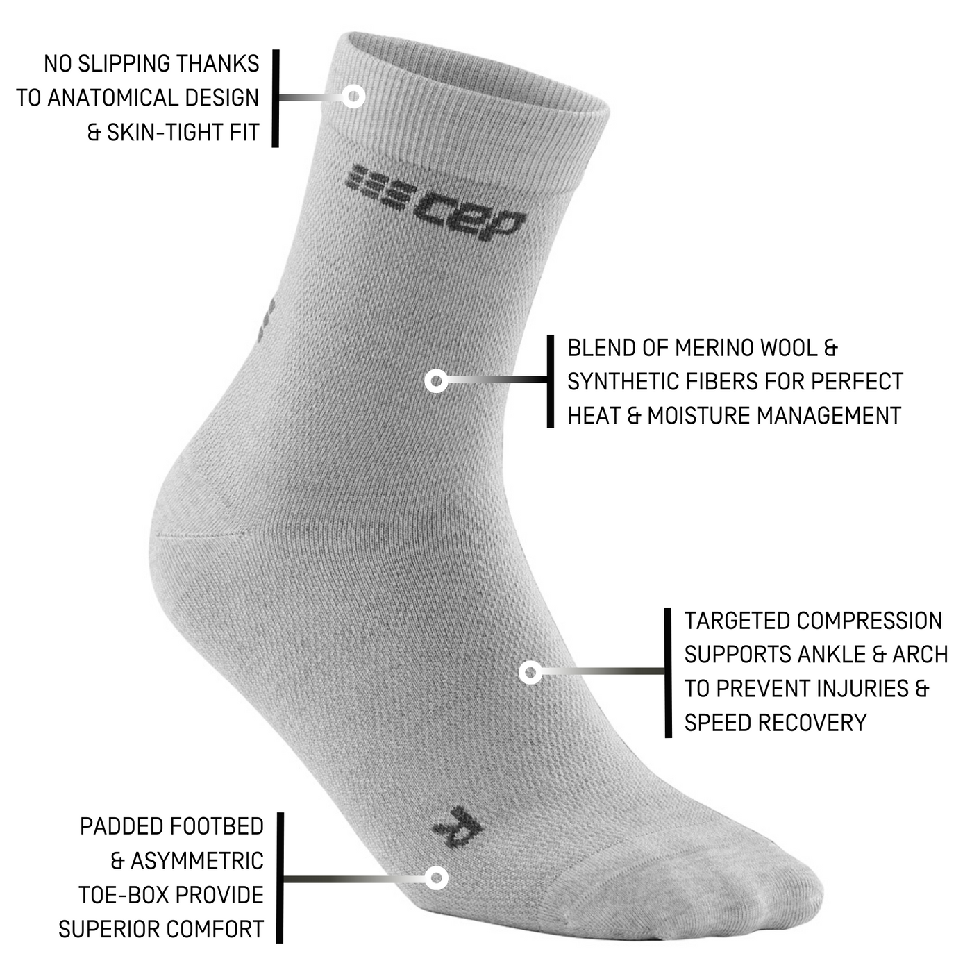 Allday Merino Mid Cut Compression Socks, Men, Light Grey, Detail