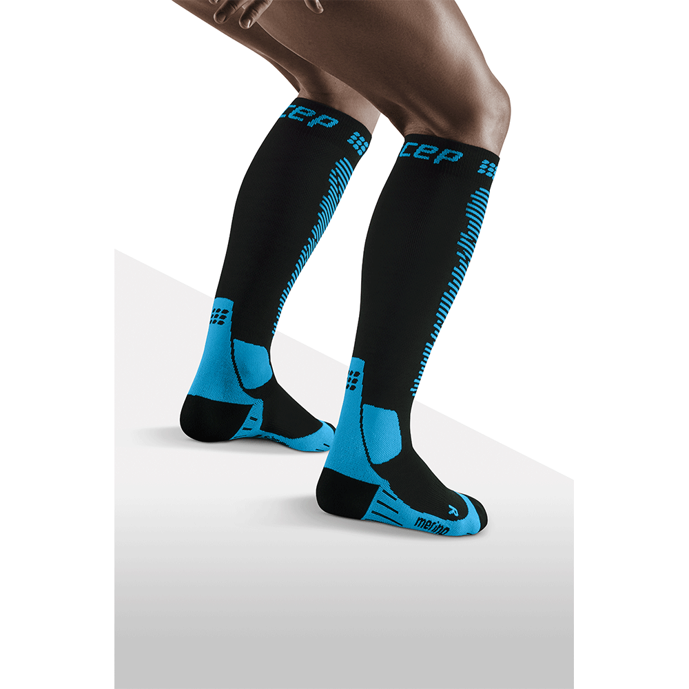 Ski Merino Tall Compression Socks, Men, Black/Blue, Back View Model