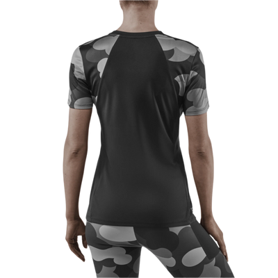 Camocloud Short Sleeve Shirt, Women, Black/Grey Camo, Back View Model
