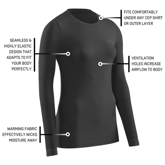 Camisa base manga longa para clima frio, feminina, preta, detalhes
