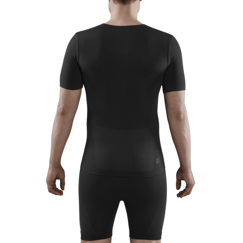 Camisa básica de manga curta para clima frio, masculina, preta, modelo com vista traseira