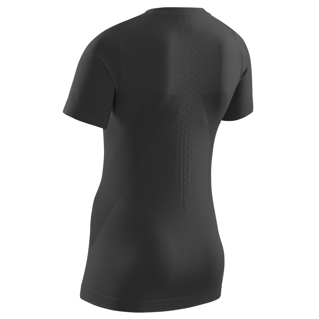 Camisa básica de manga curta para clima frio, feminina, preta, vista traseira