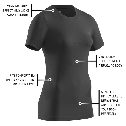 Camiseta base manga corta para clima frío, mujer, negro, detalles