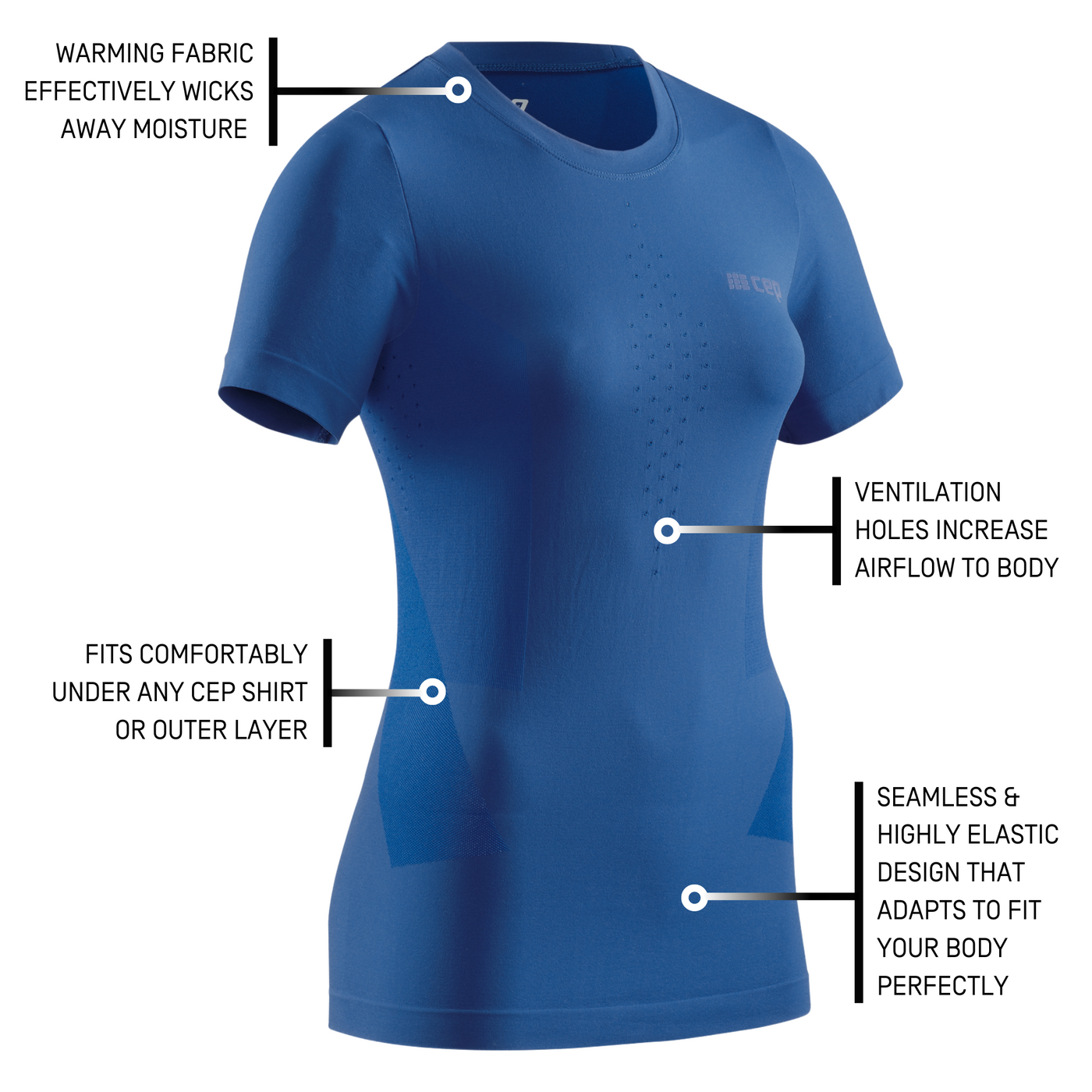 Cold Weather Short Sleeve Base Shirt, Women, Royal Blue, Details