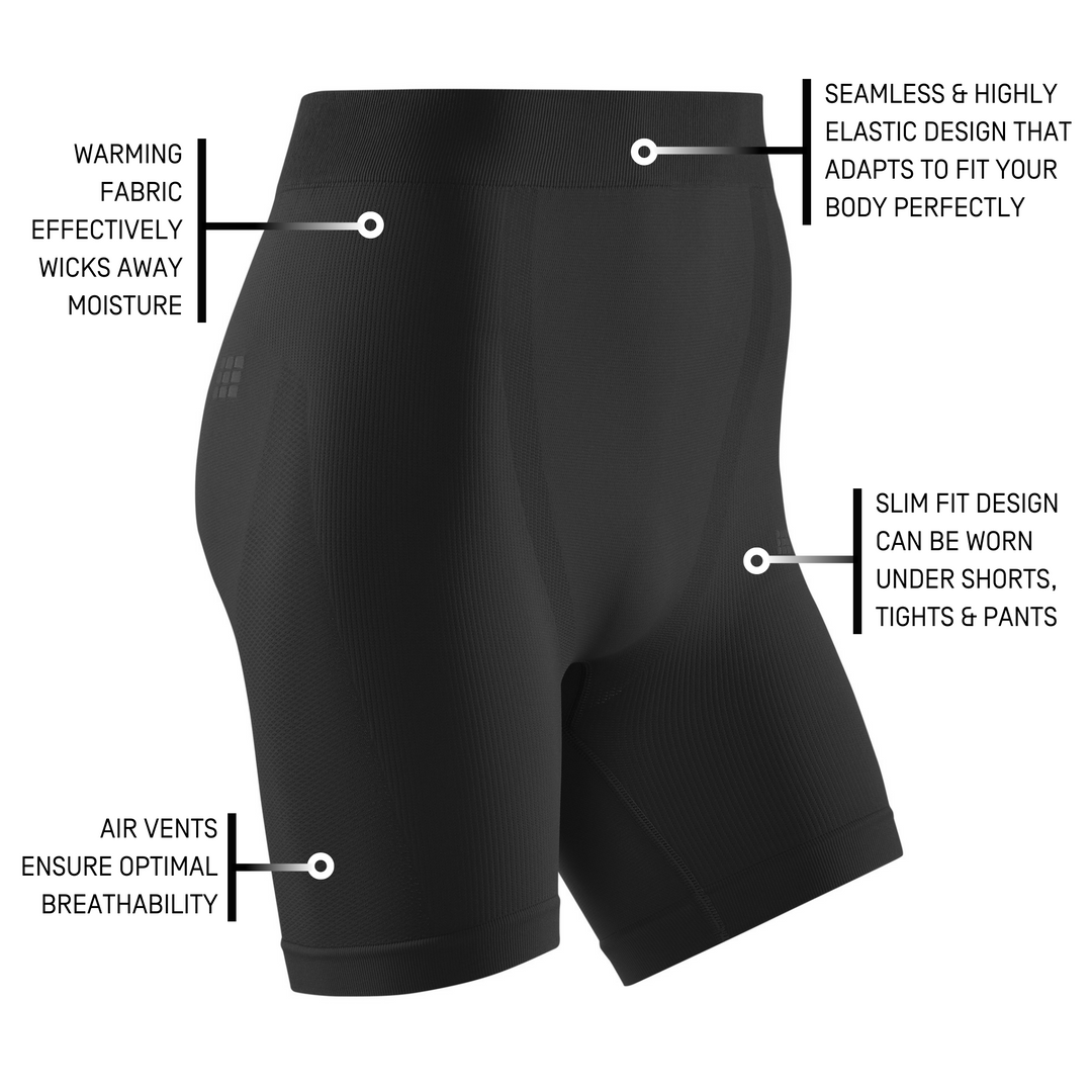Shorts base para frio, masculino, preto, detalhes